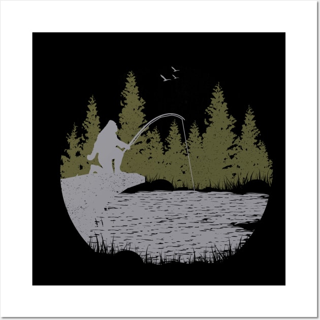 Bigfoot Fishing Gifts Wall Art by Tesszero